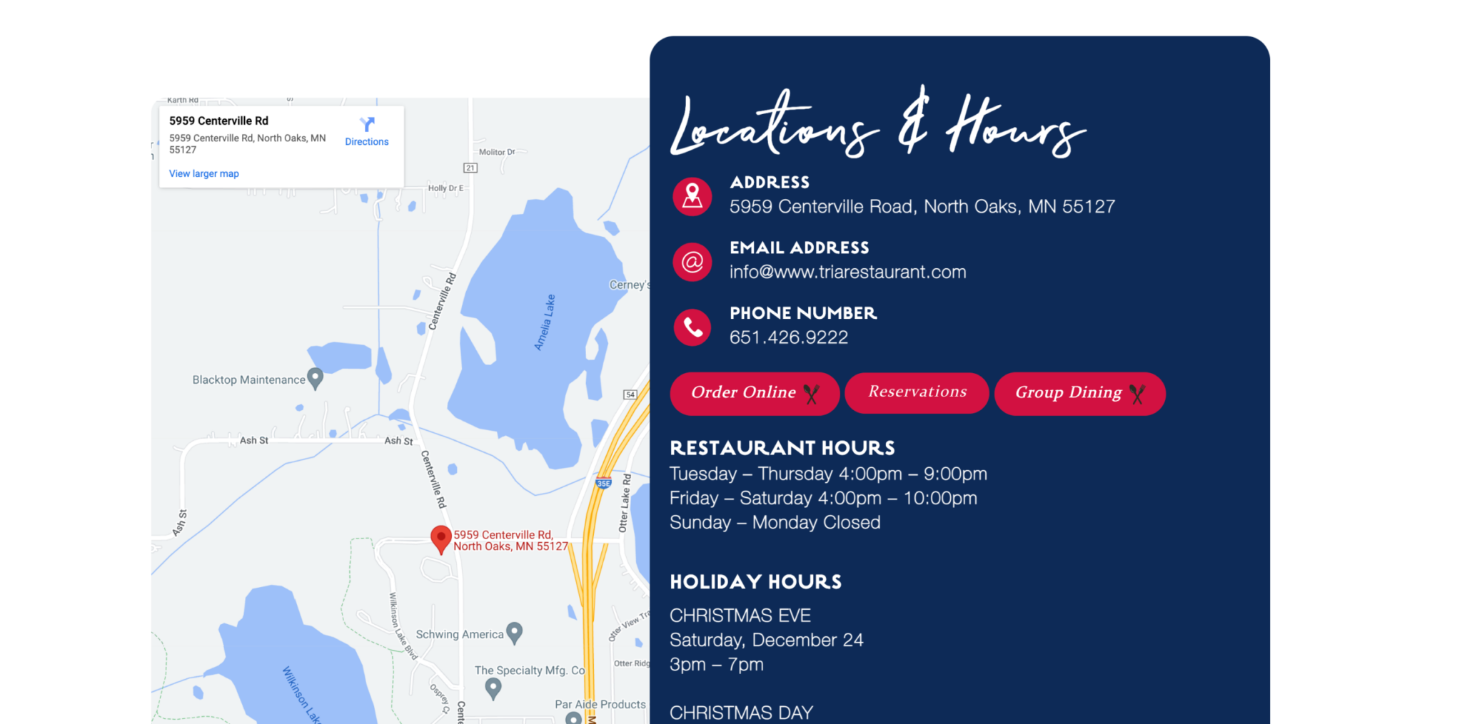 Location & Hours _ Tria Restaurant & Bar North Oaks MN